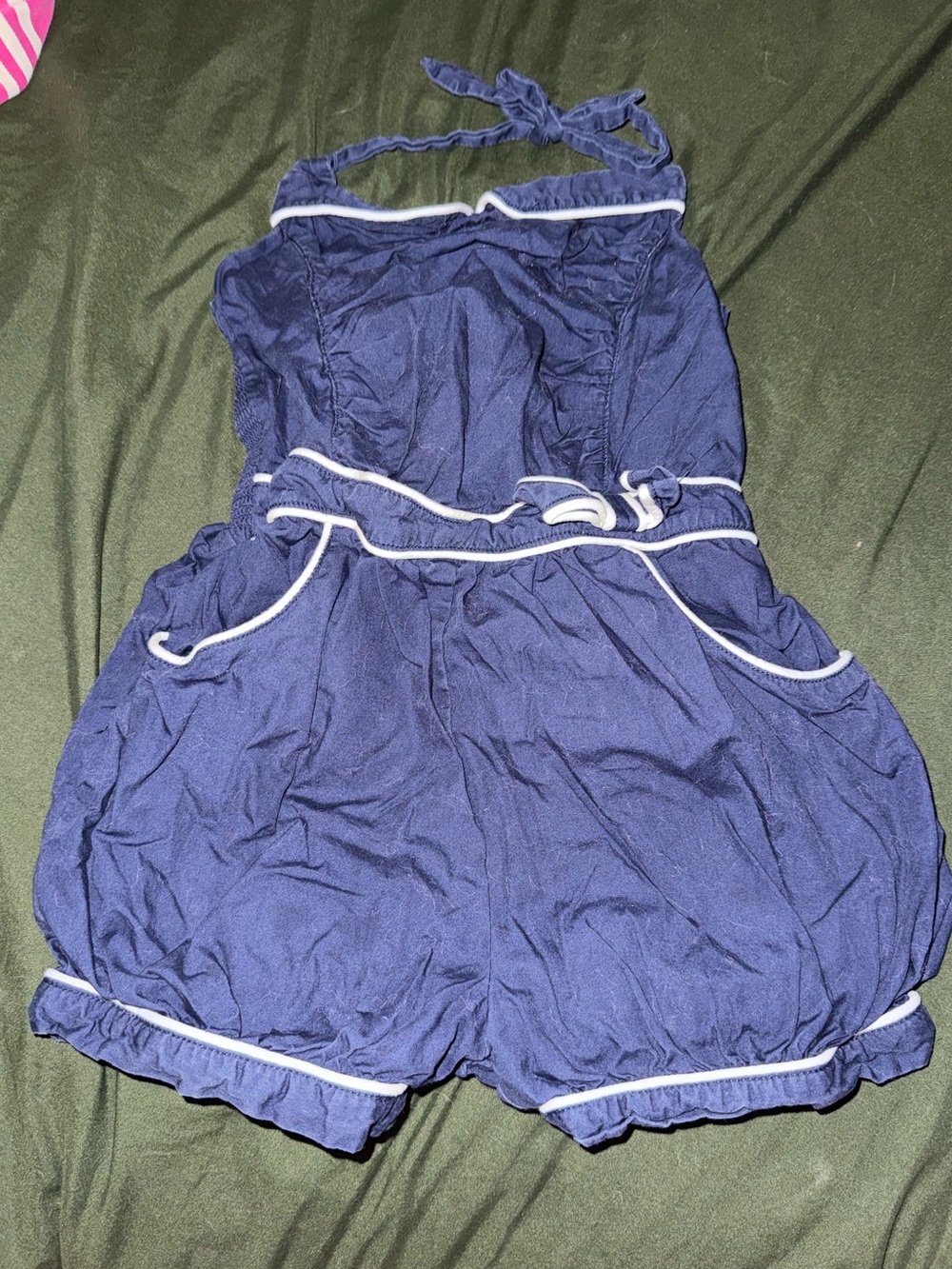 Janie and Jack Navy Blue Halter Romper with White Trim
